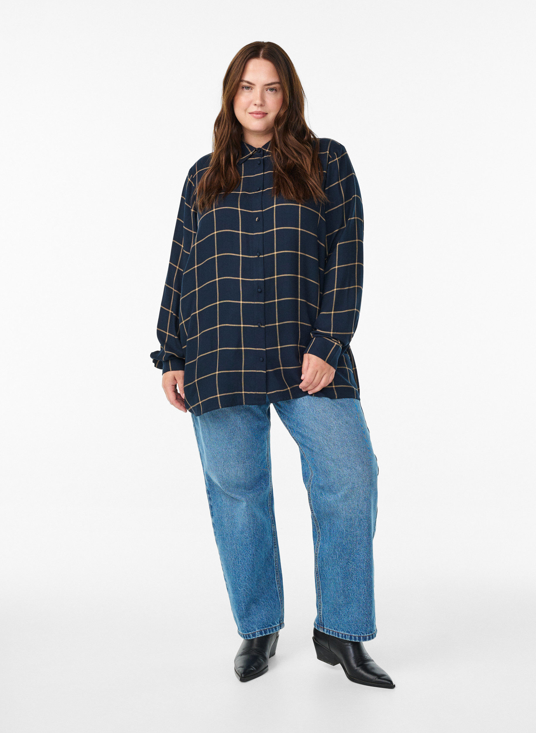 Zizzifashion Checked oversized cotton shirt, Blue, Model image number 1