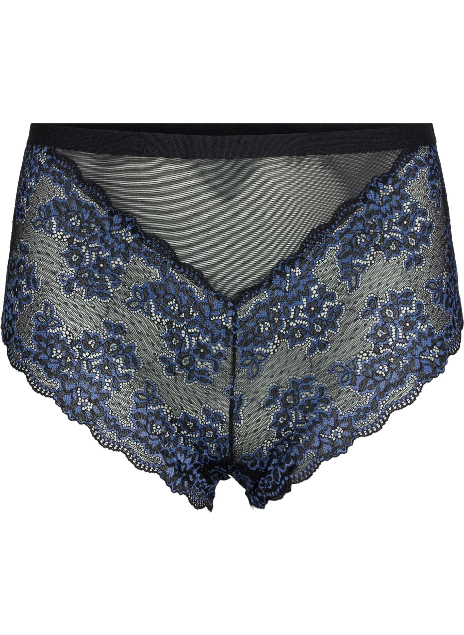 Zizzifashion Lace knickers with high waist, Black w. blue lace, Packshot image number 0
