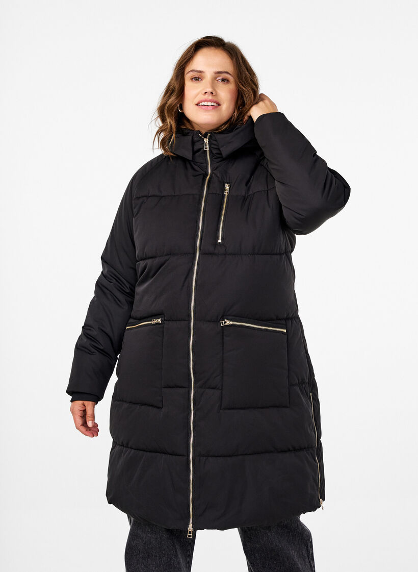 Puffer coat with hood, Black, Model image number 0