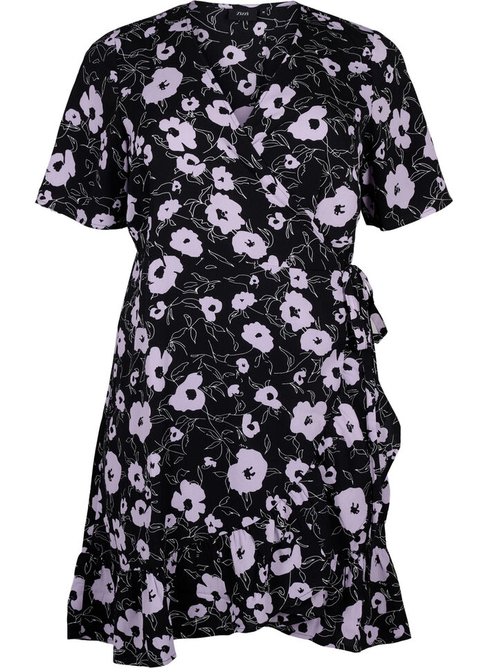 Floral wrap dress with short sleeves, Black, Packshot image number 0