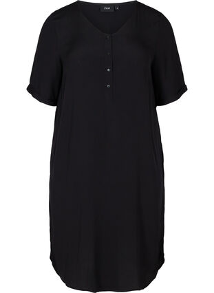 Short-sleeved viscose dress with print, Black, Packshot image number 0