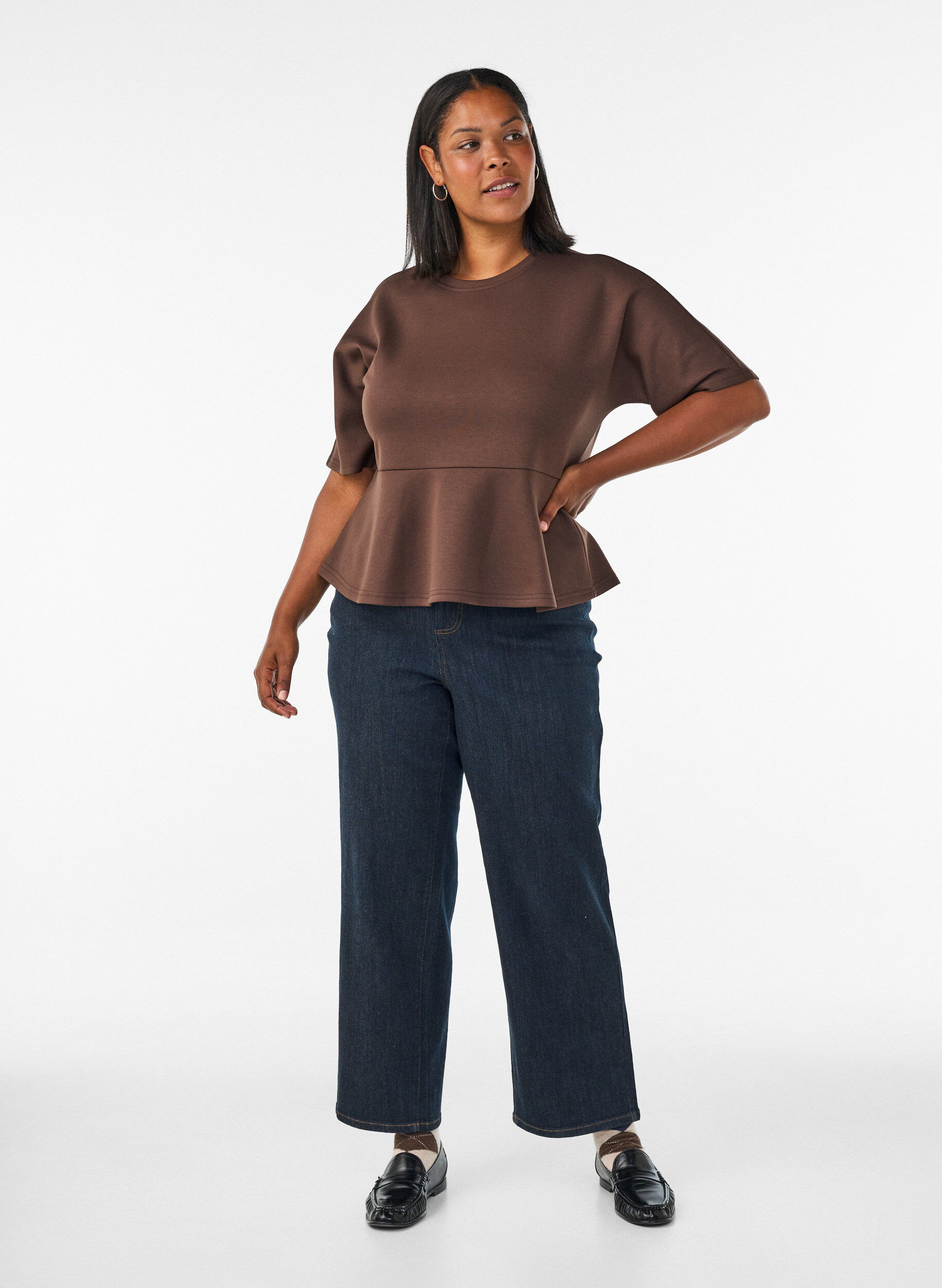 ZizzifashionPeplum blouse with elbow-length sleeves, Brown, Model image number 1