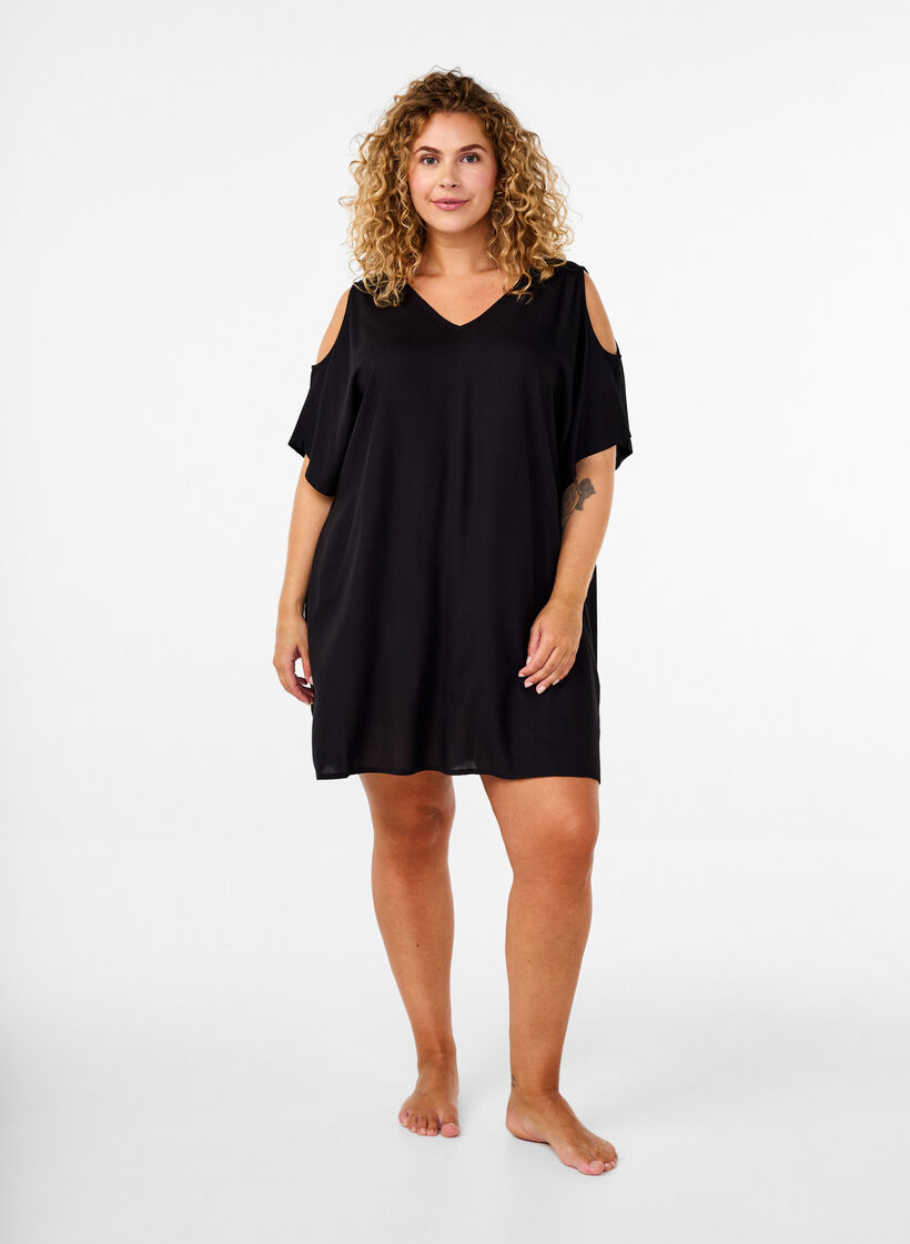 Beach dress in viscose with shoulder detail, Black, Model image number 1