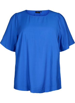Blouse with half-length sleeves in viscose, Olympian Blue, Packshot image number 0