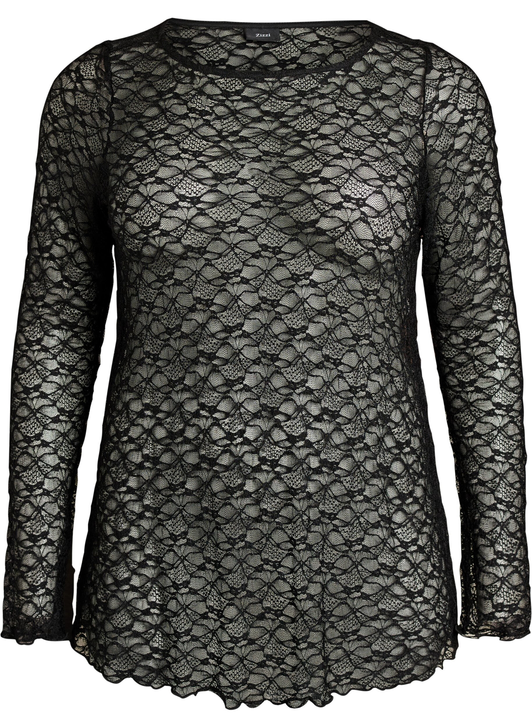 ZizzifashionSheer lace blouse with long sleeves, Black, Packshot image number 0