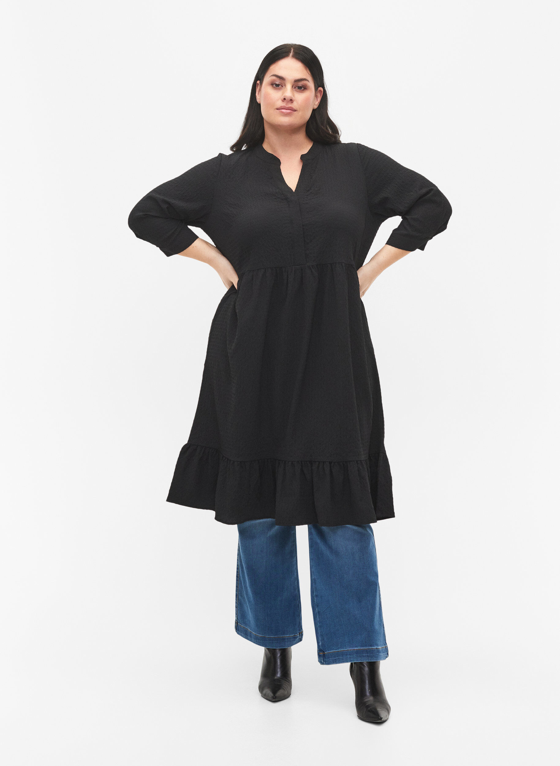 Zizzifashion  Plain midi dress with 3/4 sleeves, Black, Model image number 2