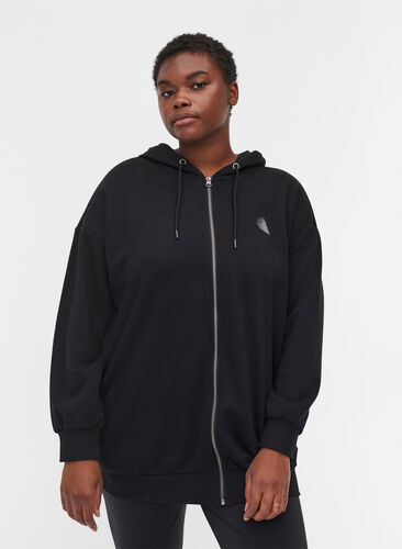 Sweat cardigan with hood and print, Black Move, Model image number 0