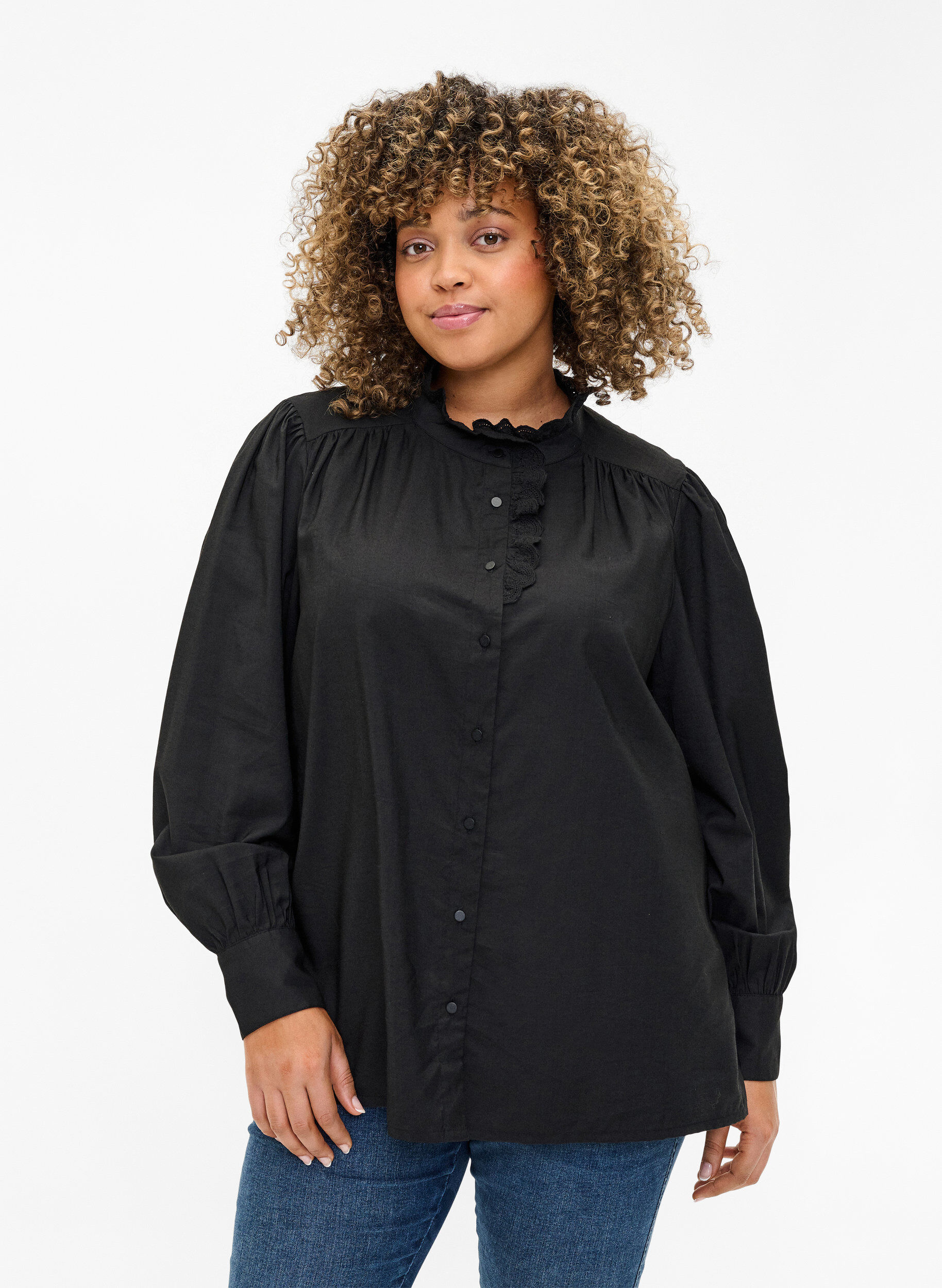 Zizzifashion Viscose shirt blouse with ruffles, Black, Model image number 0