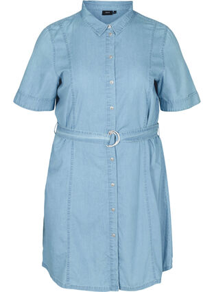 Short-sleeved denim shirt dress with a belt, Light blue denim, Packshot image number 0
