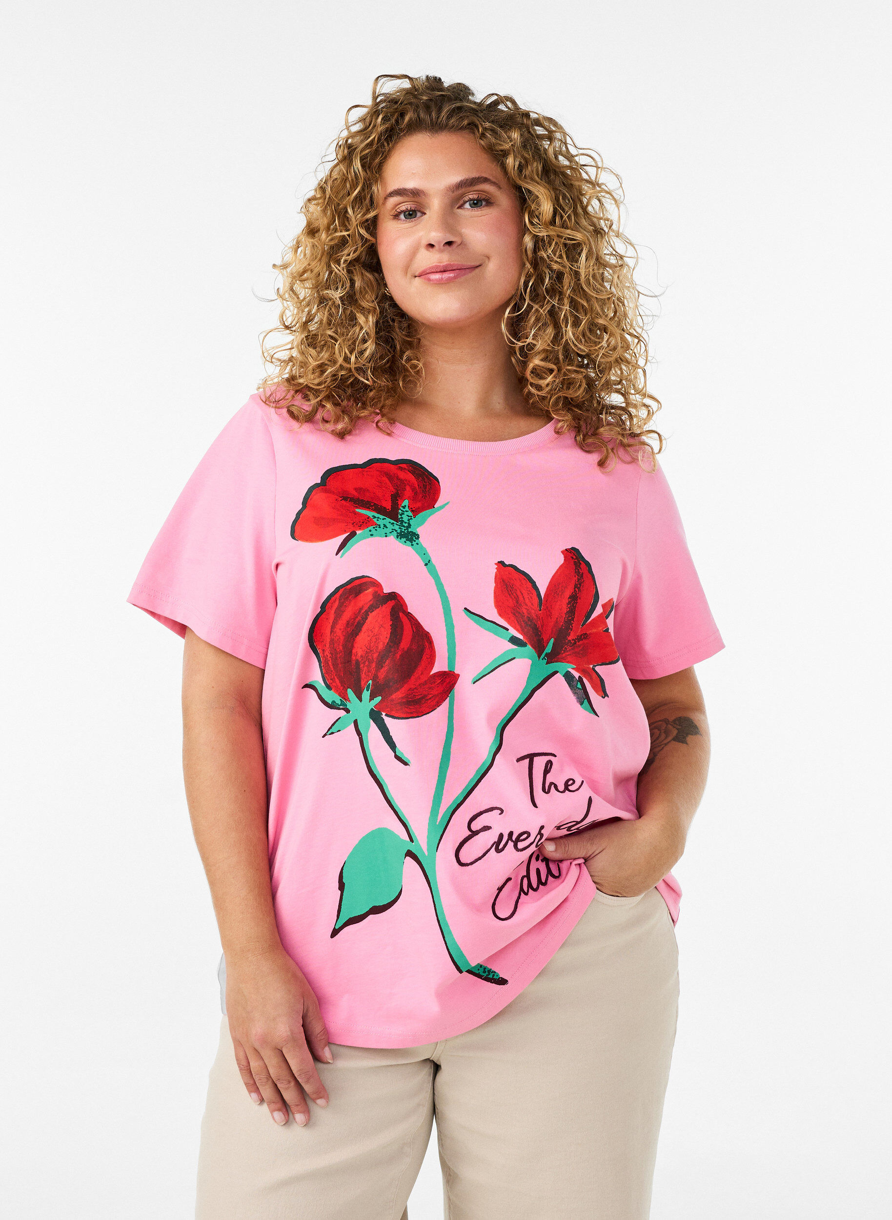 Zizzifashion Cotton T-shirt with front print, Pink, Model image number 0