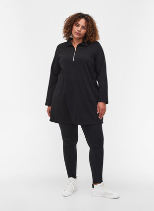 Cotton tunic with zip and pockets, Black, Model image number 2