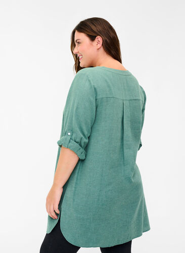 Shirt blouse with V-neck and pockets, Balsam Green, Model image number 1