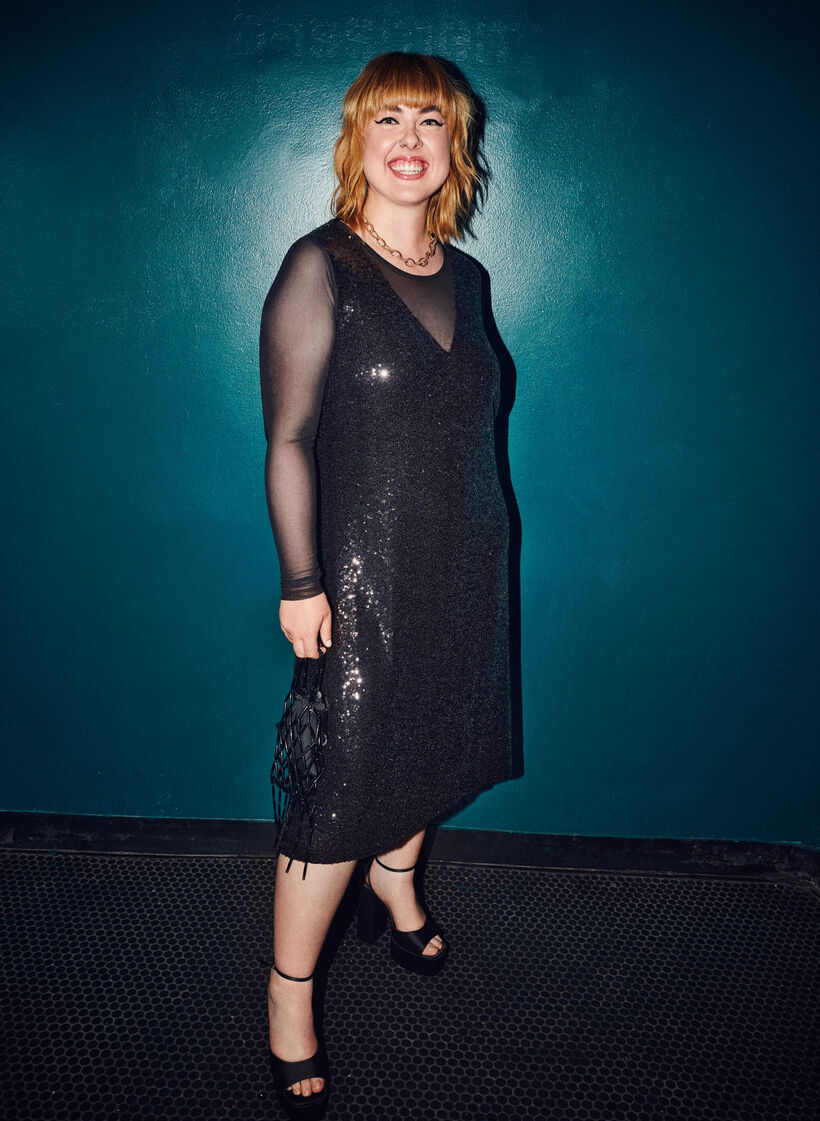 A-line sequin dress with long sleeves, Black, Image image number 0