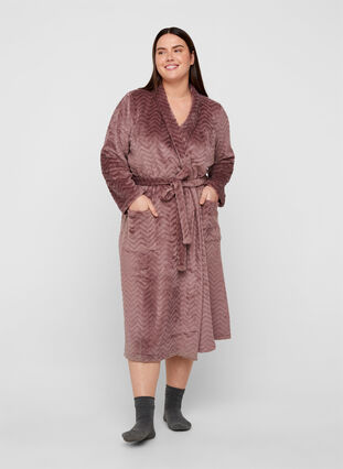 Long dressing gown with pockets, Rose Taupe, Model image number 0