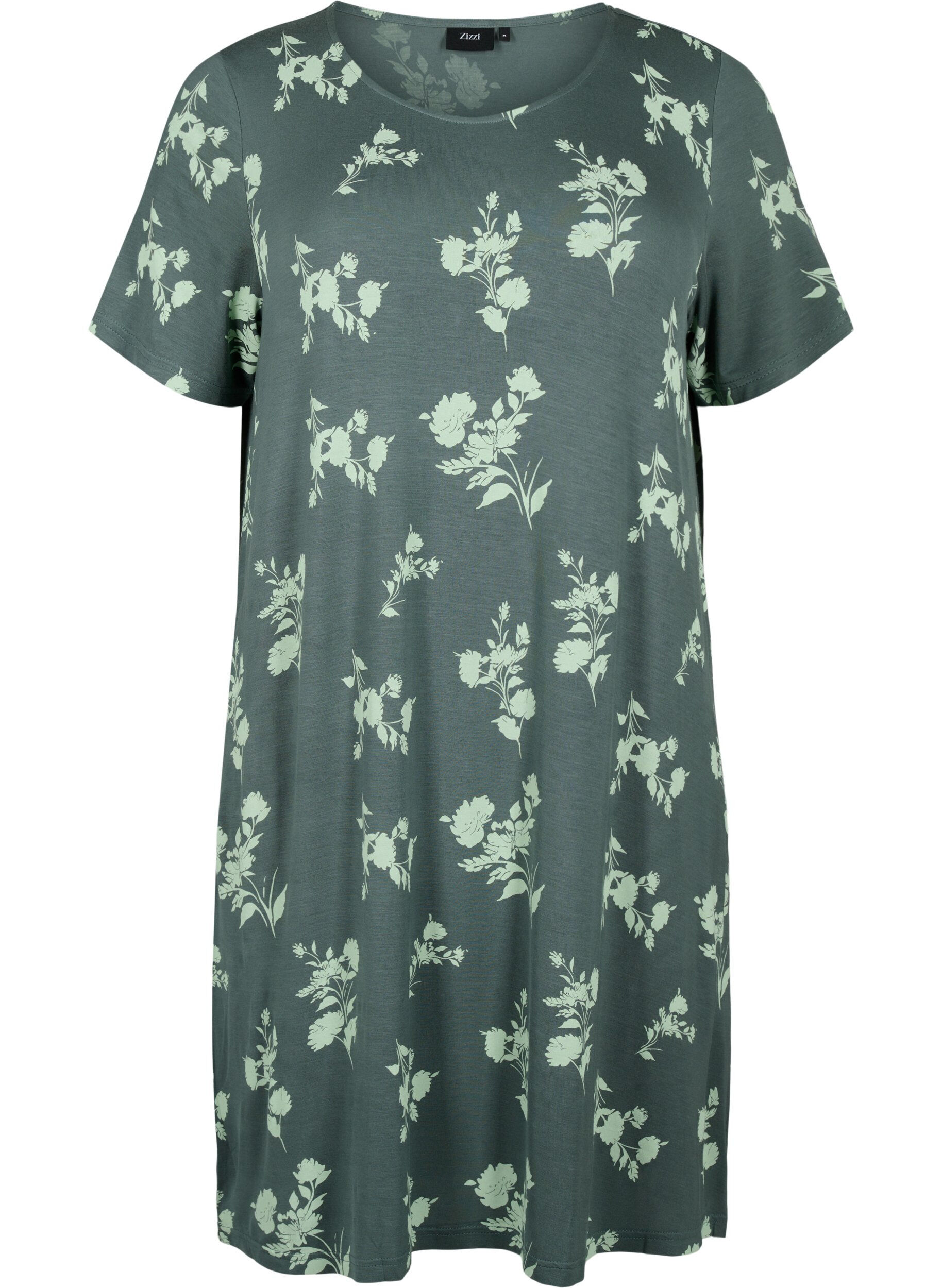 Zizzifashion Short-sleeved viscose nightgown with print, Balsam Green AOP, Packshot image number 0