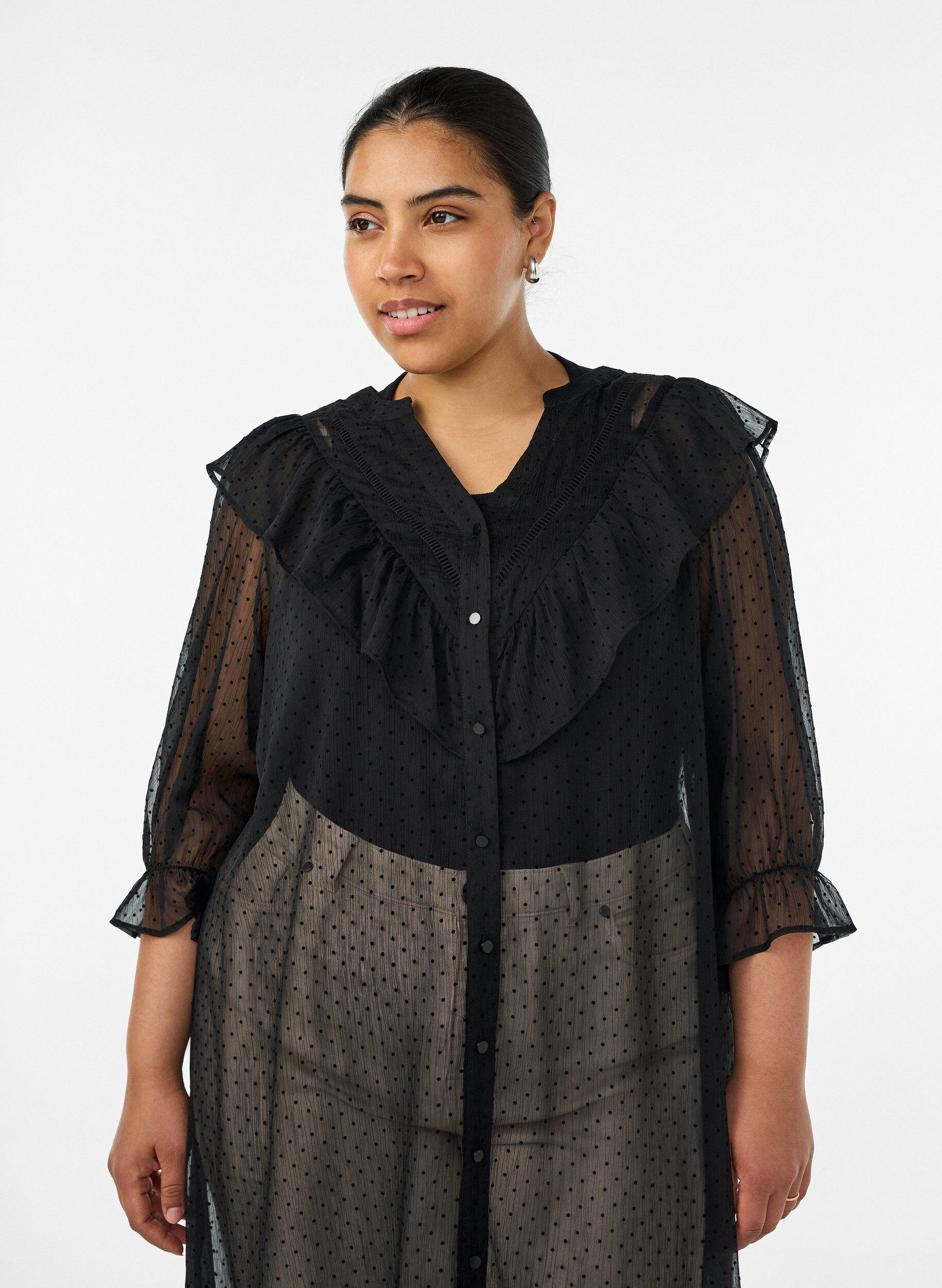 Zizzifashion Midi dress in a lightweight, sheer fabric with dots and ruffles, Black, Model image number 2