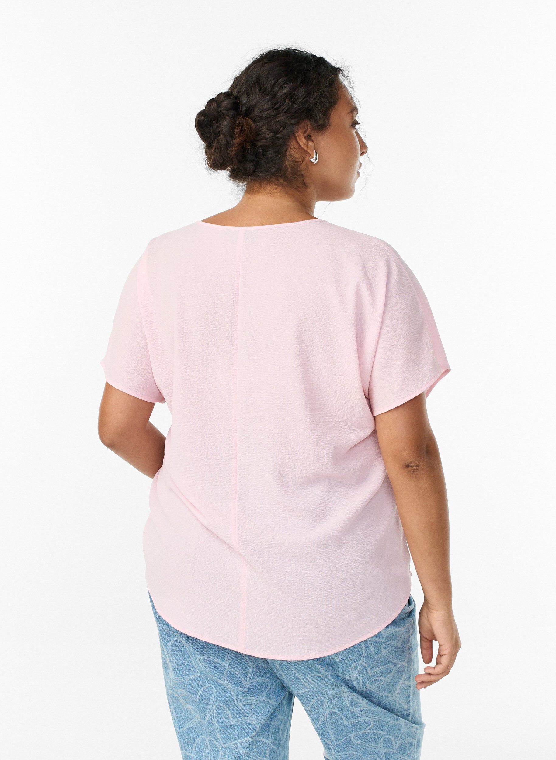 Zizzifashion Blouse with short sleeves and a round neckline, Pink, Model image number 2