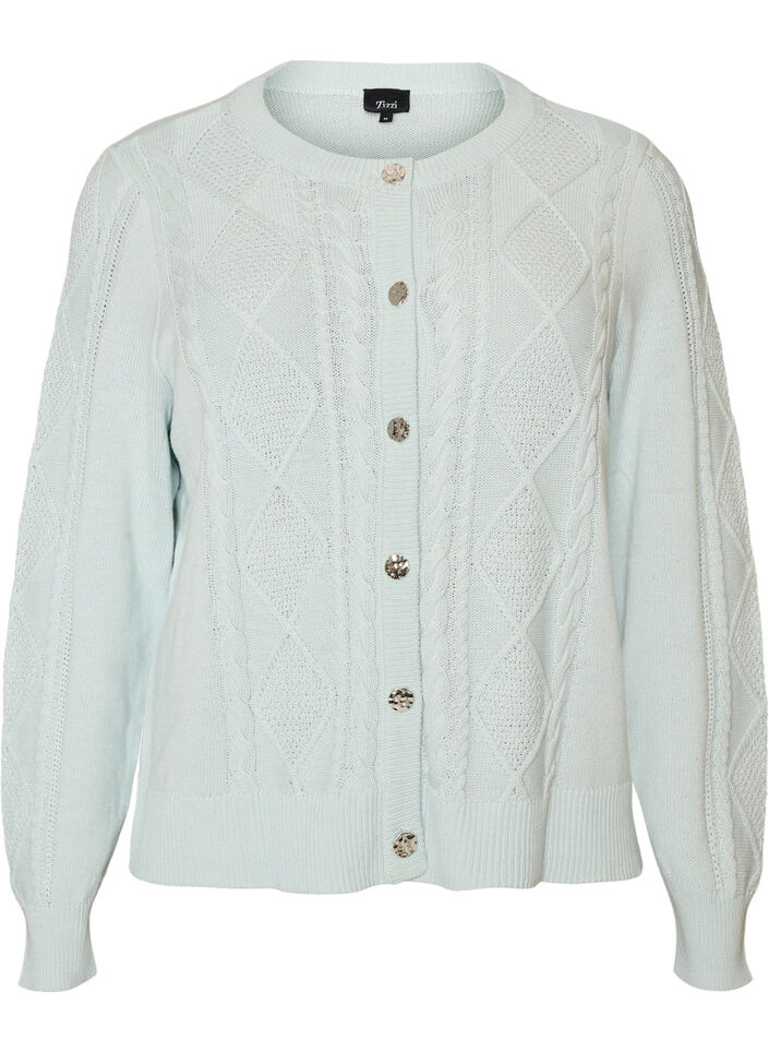 Cable-knit cardigan with decorative buttons, Light Blue, Packshot image number 0