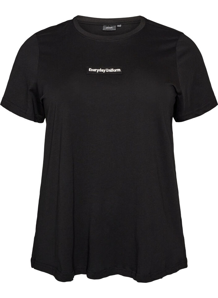 Cotton T-shirt with text badge, Black, Packshot image number 0