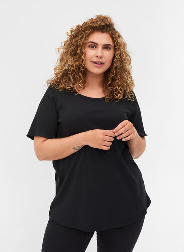 Short-sleeved t-shirt in ribbed fabric, Black, Model image number 0