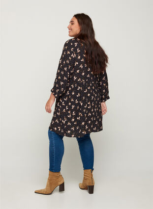Printed viscose tunic with 3/4-length sleeves, Black AOP, Model image number 1