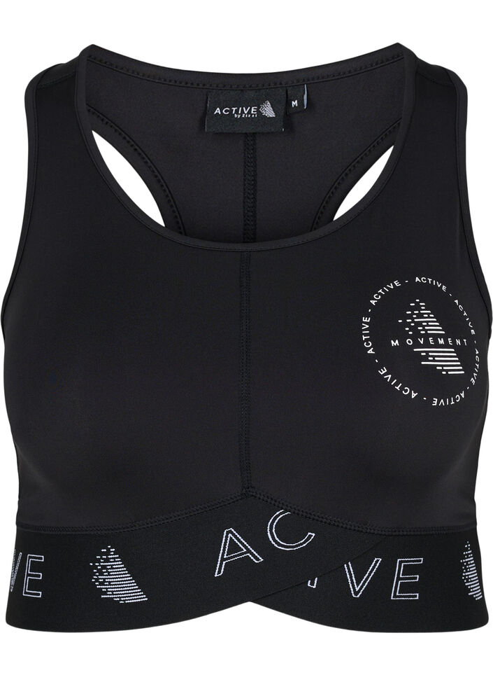 Sports bra with text print, Black, Packshot image number 0
