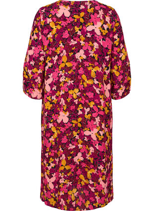 Floral viscose dress with 3/4 sleeves, Hot Pink Flower, Packshot image number 1