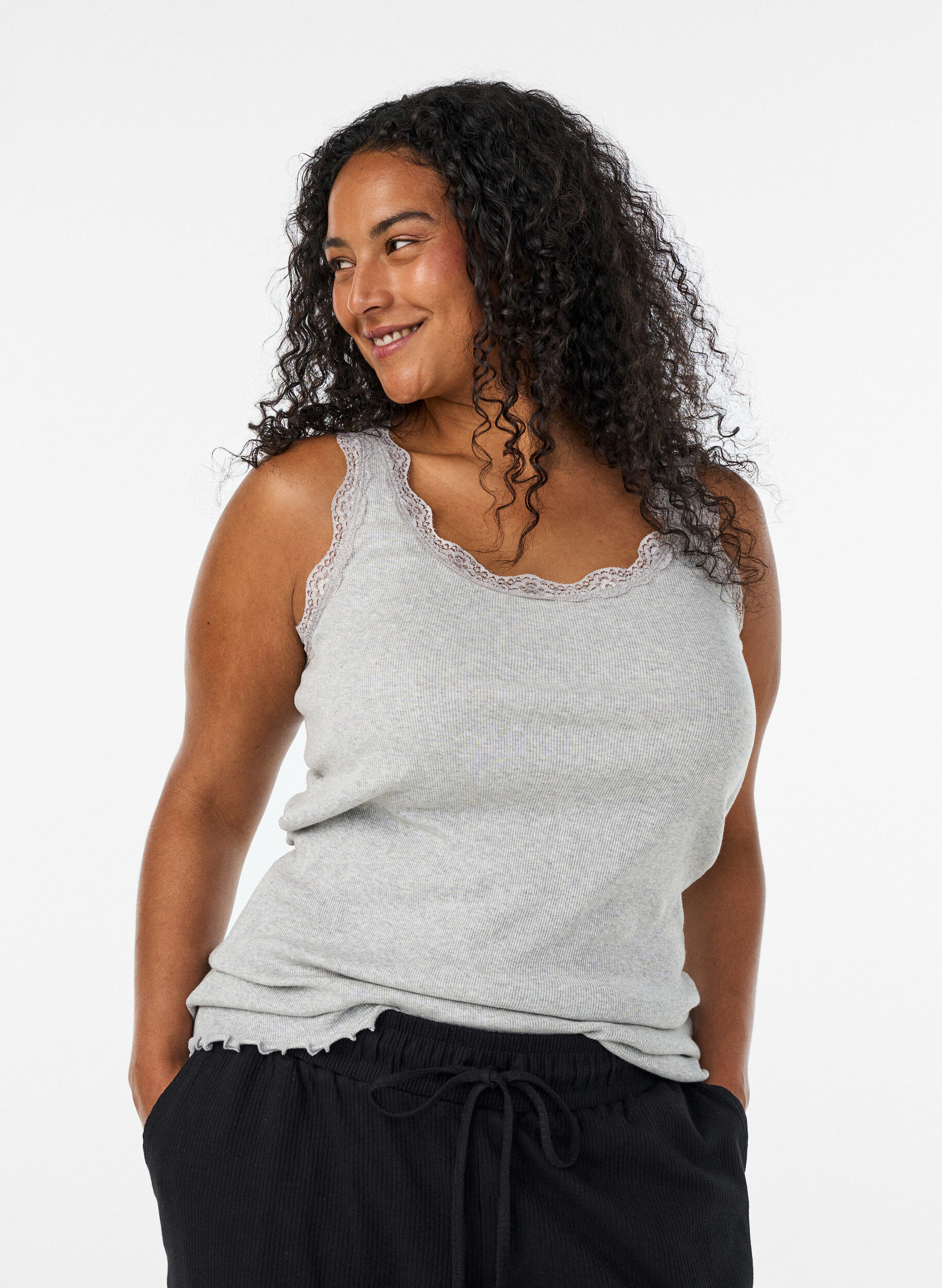 ZizzifashionRibbed top with lace trim, Grey, Model image number 0