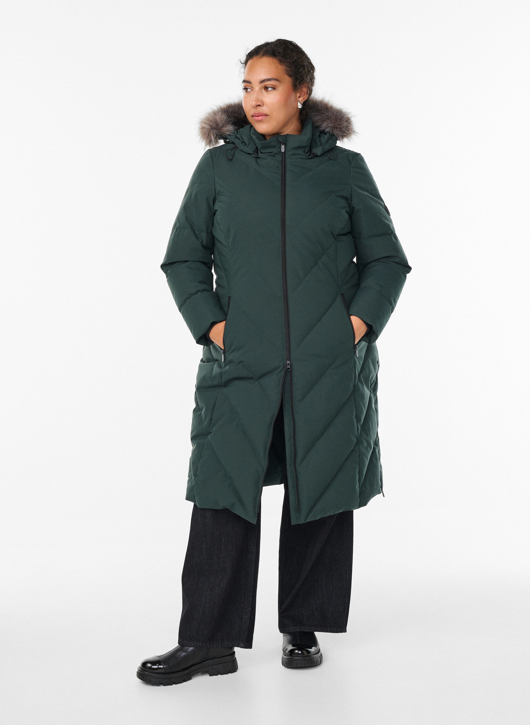 ZizzifashionLong winter coat with hook fastenings and a faux fur collar, Green, Model image number 1