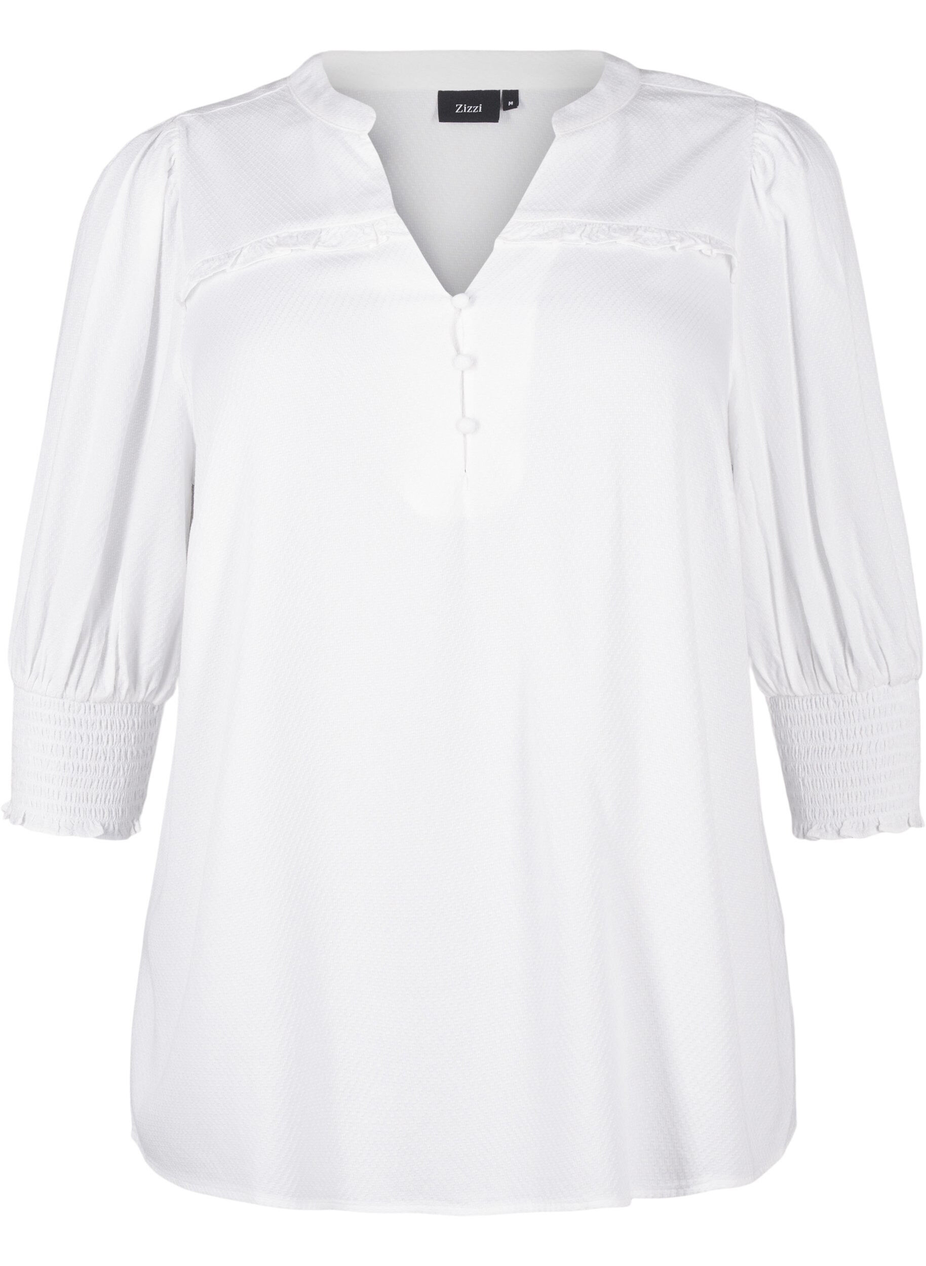 Zizzifashion Viscose blouse with smock and ruffle detail, Bright White, Packshot image number 0