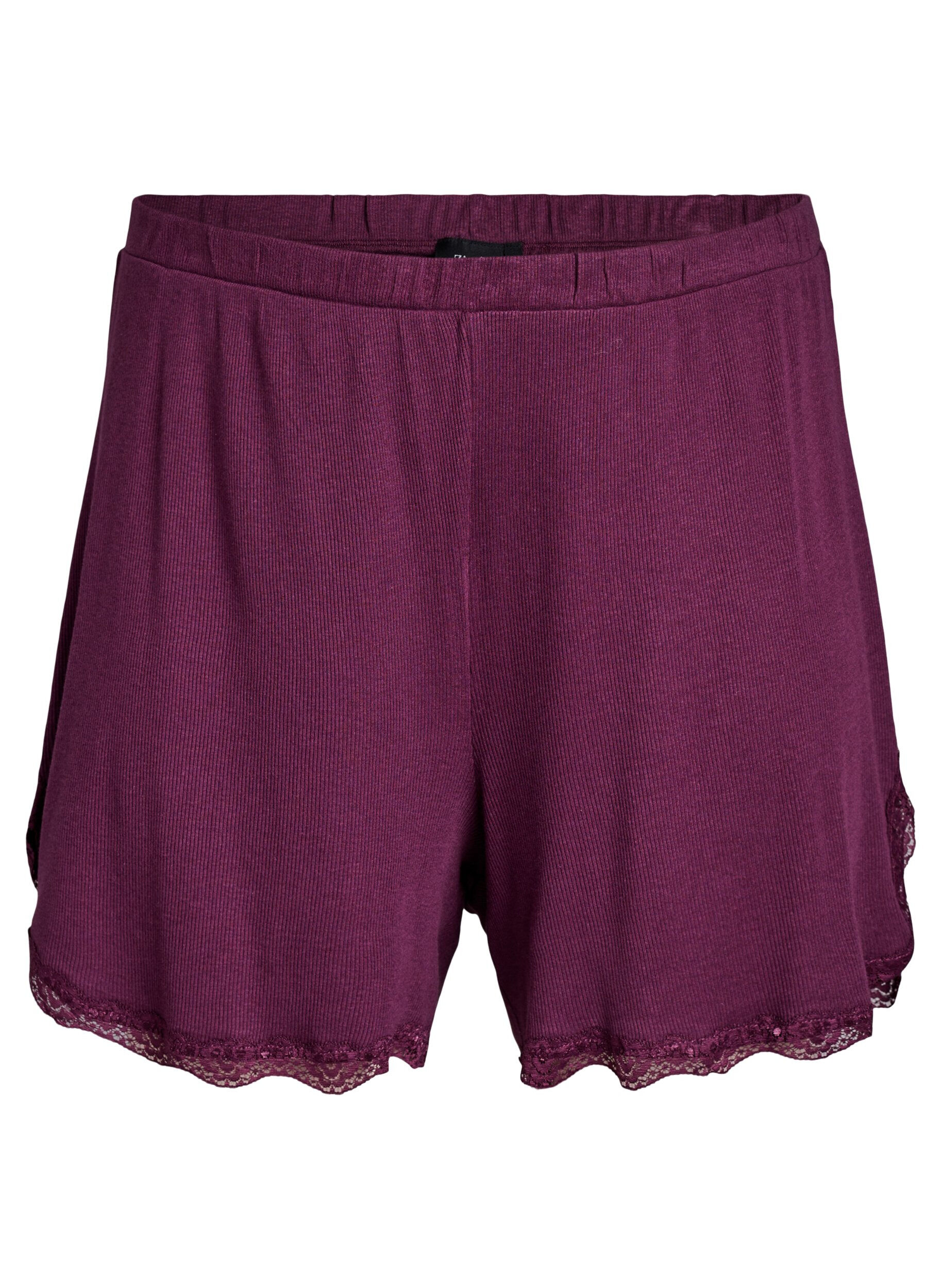 Zizzifashion Loose night shorts with ribbed texture and lace trim, Dark Bordeaux, Packshot image number 0