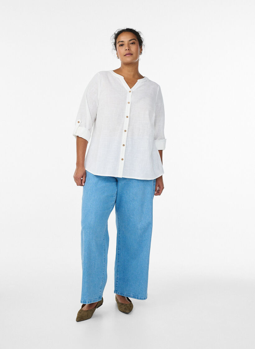 Cotton shirt blouse with V-neck, White, Model image number 1