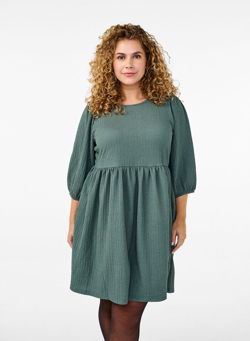 FLASH - Short dress with texture and 3/4 sleeves, Balsam Green, Model image number 0