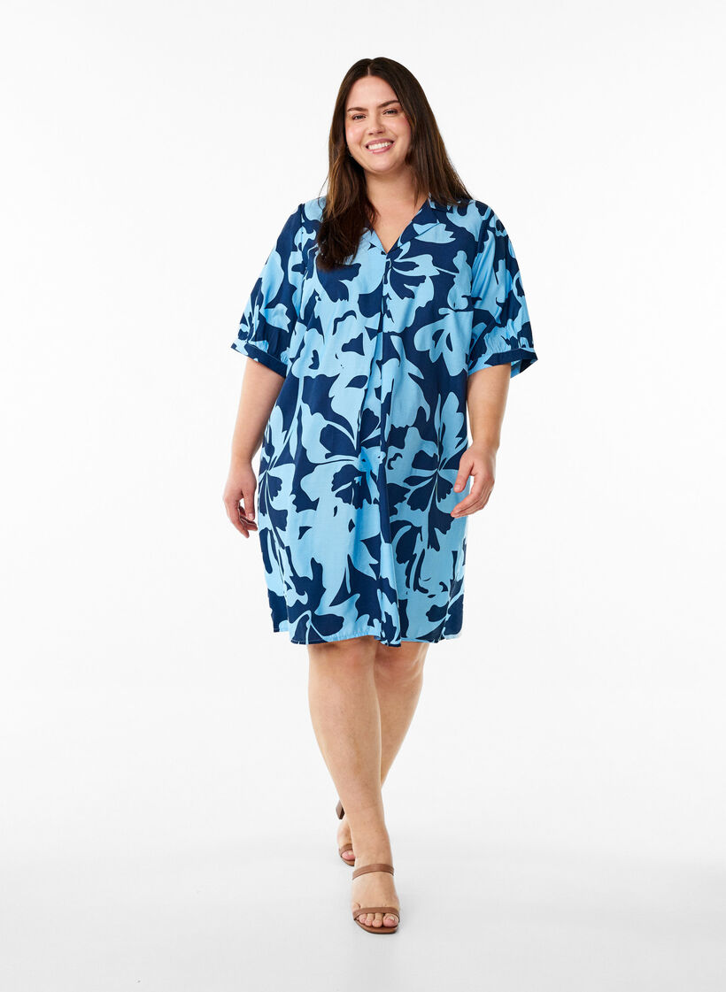 Knee-length dress with print and V-neck, Blue, Model image number 1