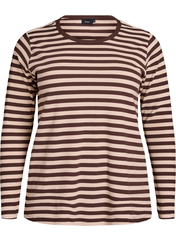 Striped blouse with long sleeves, Brown, Packshot image number 0