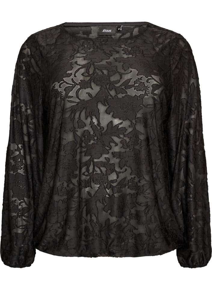 Sheer blouse with floral texture and long sleeves, Black, Packshot image number 0