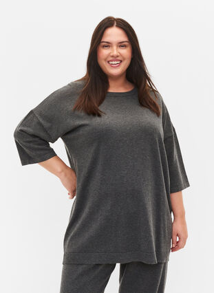 Knitted top with a round neckline and 3/4 sleeves, Dark Grey Melange, Model image number 0