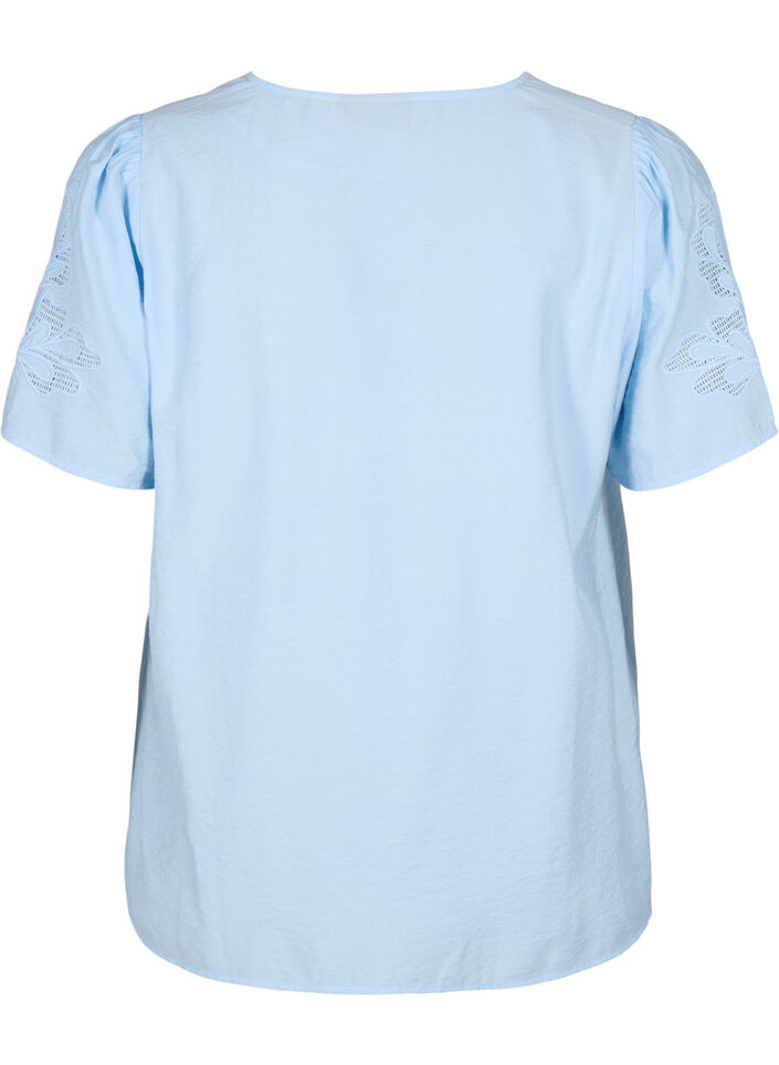 Short sleeve viscose blouse with embroidery, Light Blue, Packshot image number 1