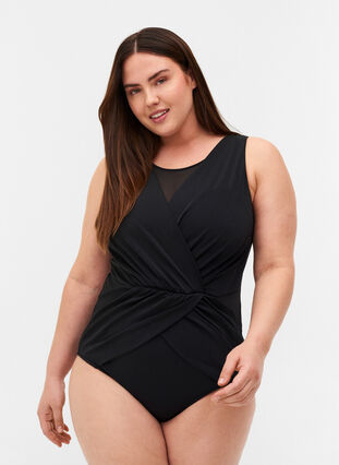 Swimsuit with mesh and draping, Black, Model image number 0