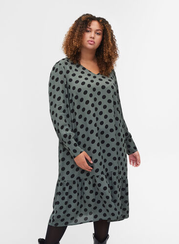 Polka dotted viscose dress with long sleeves and v-neck, Thyme Dot, Model image number 0