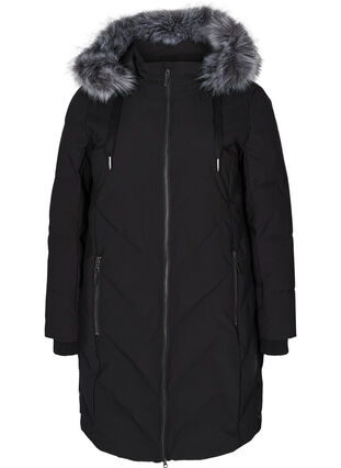 Winter jacket with removable hood and faux-fur collar, Black, Packshot image number 0
