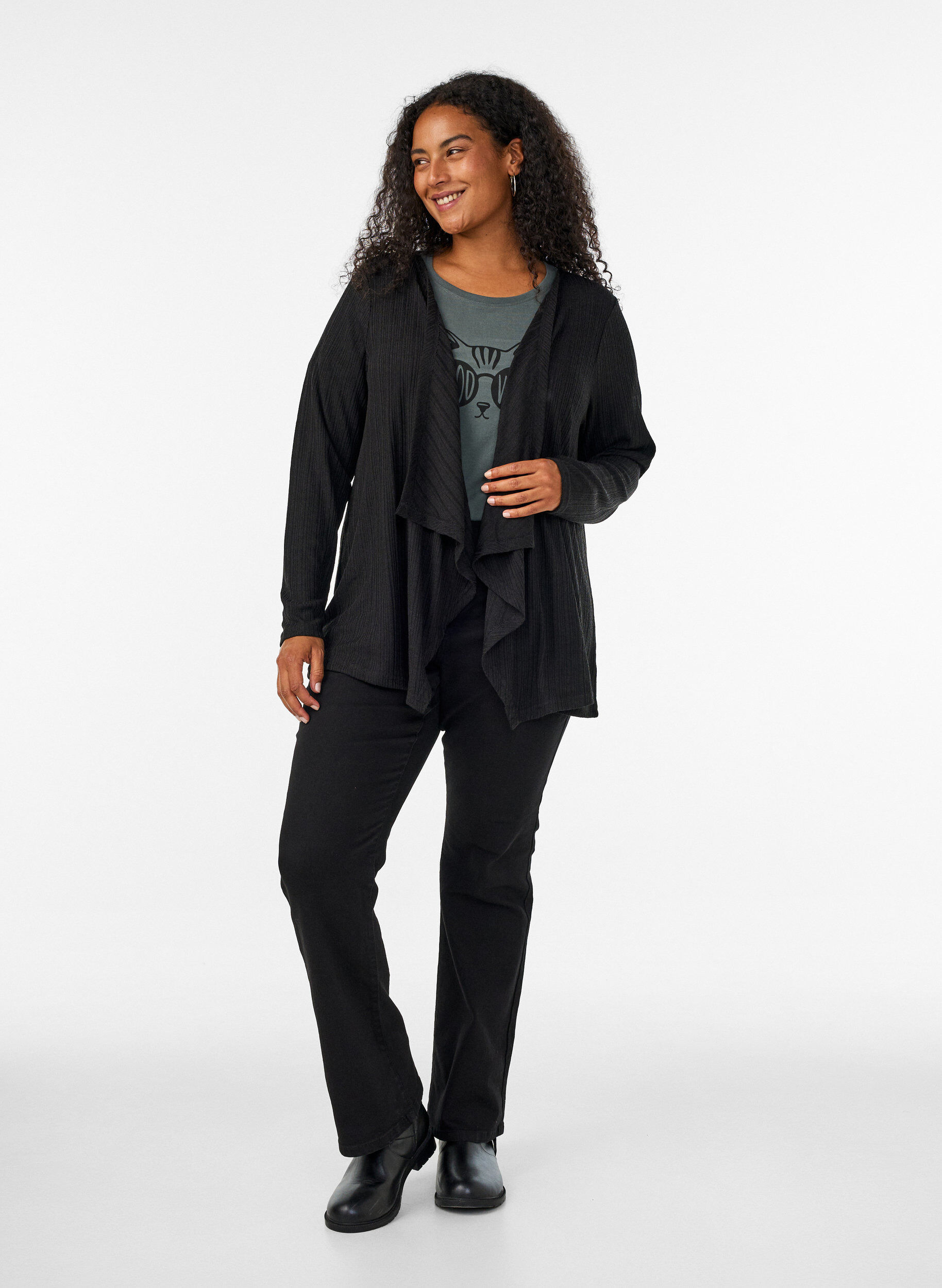 ZizzifashionOpen cardigan in textured jersey, Black, Model image number 1