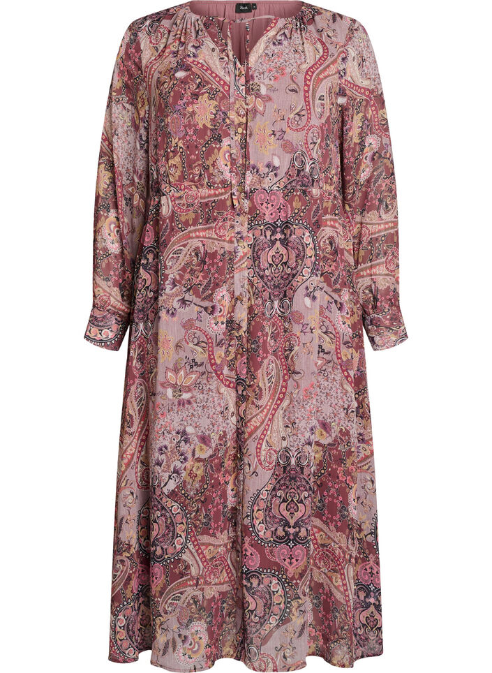 Midi dress with paisley print and elastic waist, Purple, Packshot image number 0