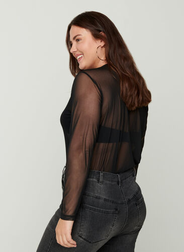 Close-fitting mesh blouse, Black, Model image number 1