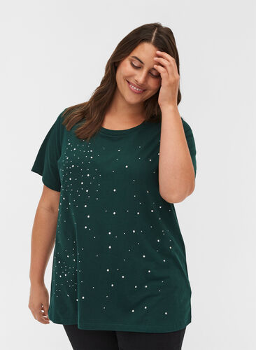 Studded organic cotton t-shirt, Dark Green, Model image number 0