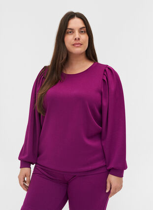 Sweat blouse with rounded neckline and balloon sleeves, Dark Purple, Model image number 0