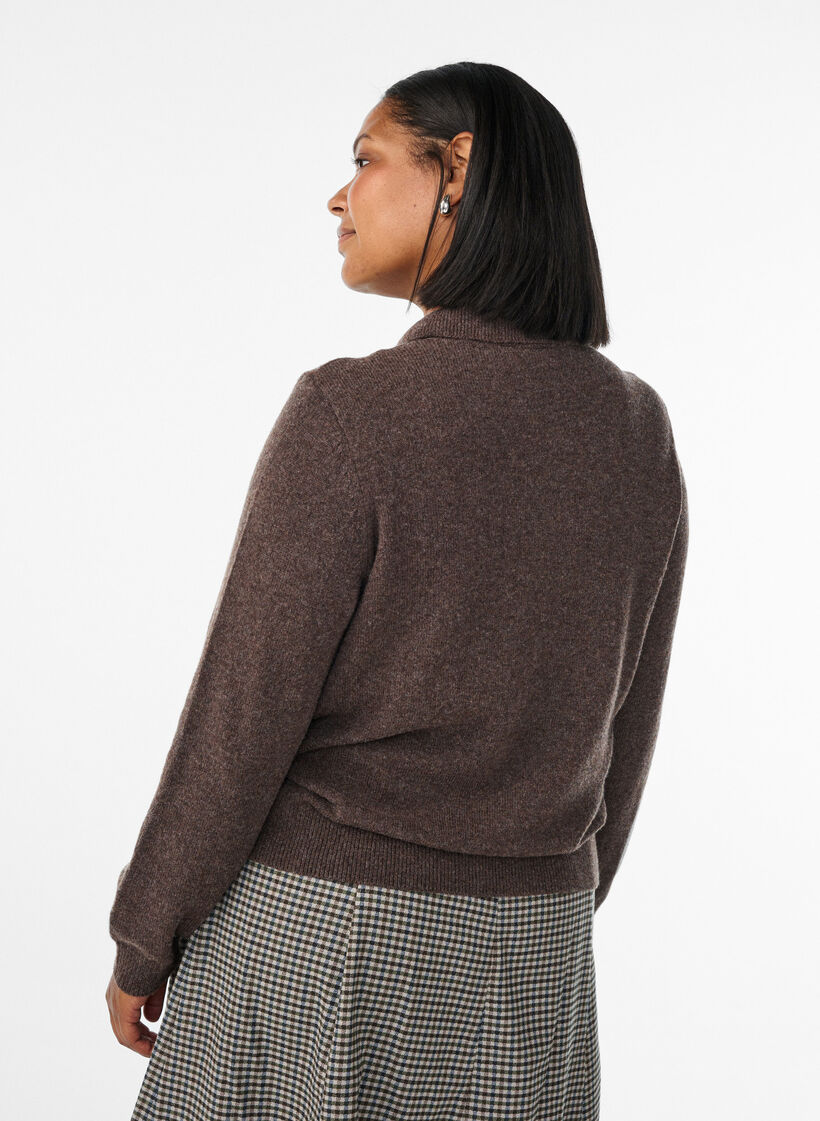 Knit blouse in soft merino blend with polo collar, Brown, Model image number 2