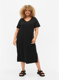 Short sleeve cotton dress with slit, Black, Model