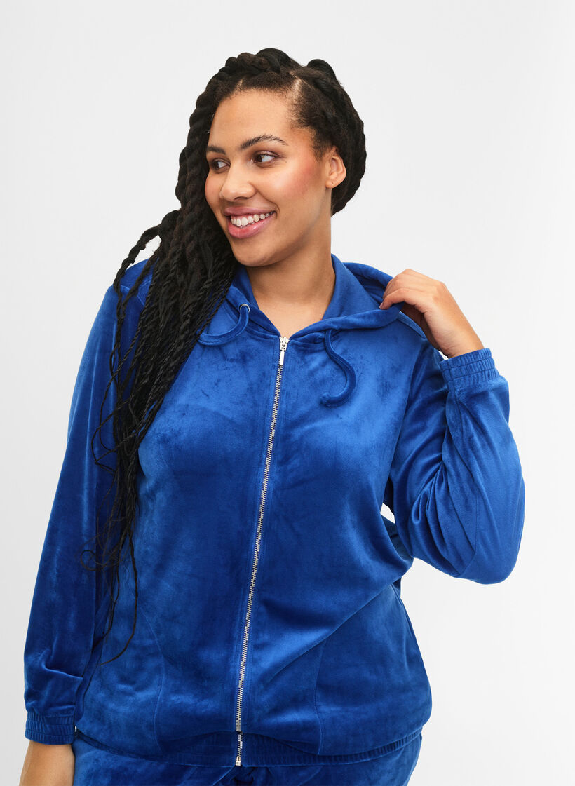 Velour cardigan with zipper and hood, Blue, Model image number 3
