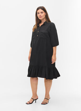 Dress with ruffle trim and 3/4 sleeves, Black, Model image number 2